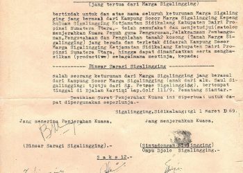 Surat kuasa yang diserahkan Ompung Sintadongan yang bertindak atas nama seluruh keturunan Marga Sigalingging yang ada di Sosor Sigalingging atas nama kesepakatan dan mufakat untuk mengusahai dan mengelola tanah di Sosor Sigalingging (Sigalingging- Parbuluan IV- Red) Sidikalang Kabupaten Dairi, yang diserahkan secara penuh kepada Binsar Saragi Sigalingging.( Nawasenanews/ Ist)