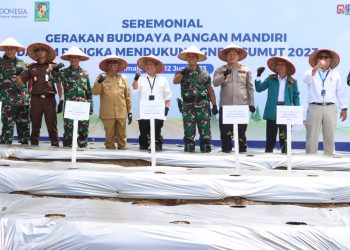 Kapolres Simalungun ikut menanam bibit cabe rawit di lahan tidur sebagai bagian dari gerakan budidaya pangan mandiri 2023 di Koramil Model, Jalan Asahan. (Nawasenanews/ Ist)