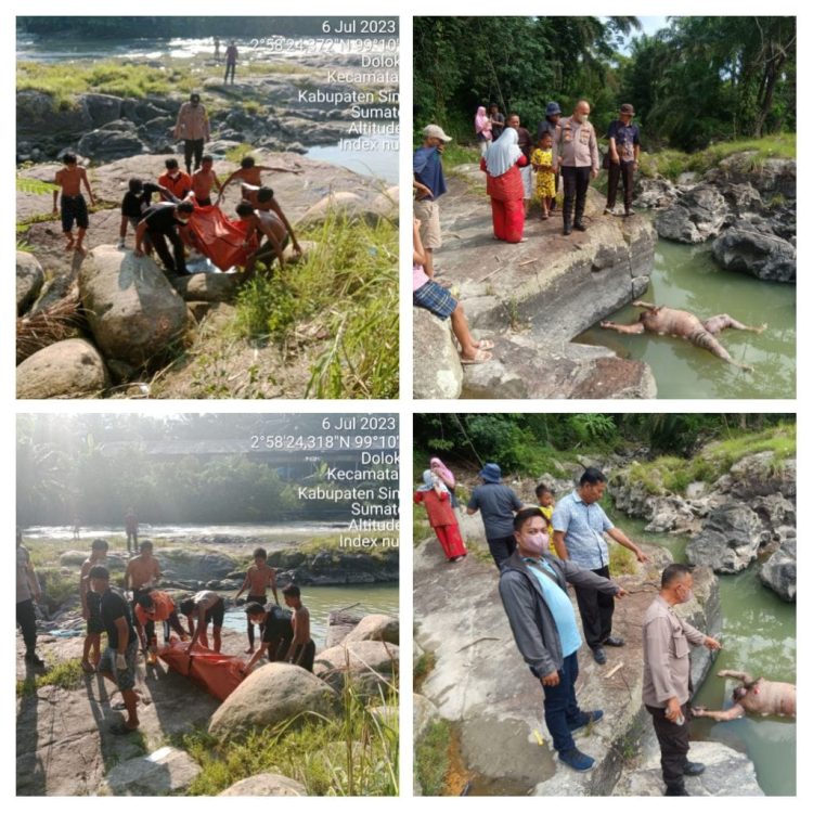 Polsek Tanah Jawa Kabupaten Simalungun mengevakuasi mayat perempuan mengapung di aliran Sungai Bah Bolon di Jawa Maraja Bah Jambi yang tidak diketahui identitasnya dan diduga berumur 15 tahun.( Nawasenanews/ Ist)