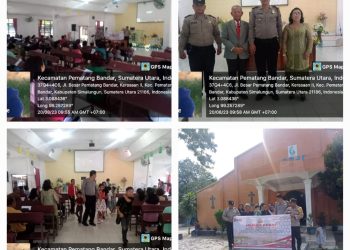 Keterangan foto : Kapolsek Perdagangan AKP Juliapan Panjaitan saat melaksanakan giat Minggu Kasih di Gereja GPdI Karmel. (Nawasenanews/Ist)