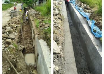 Foto sebelah kiri Pengerjaan Proyek Rehabilitasi drainase menggunakan material bekas dan yang di tambal sulam foto sebelah kanan bangunan yang sudah selesai (Nawasenanews/AS)