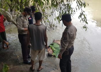 Polsek Bangun membantu mengevakuasi mayat seorang pensiunan BUMN yang ditemukan pemancing di Sungai Bah Bolon. ( Nawasenanews.com/ Ist)