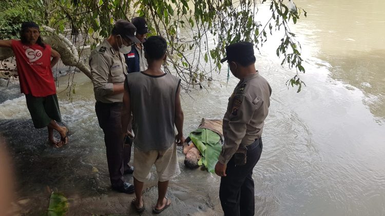 Polsek Bangun membantu mengevakuasi mayat seorang pensiunan BUMN yang ditemukan pemancing di Sungai Bah Bolon. ( Nawasenanews.com/ Ist)