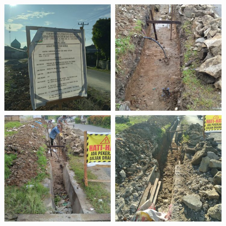 Keterangan Foto : Pengerjaan proyek pembangunan Pengelolaan dan Pengembangan Sistem Drainase oleh CV Almagada Primus Ampika menggunakan material bekas.