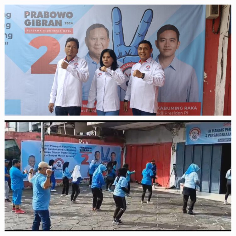 Keterangan Foto : Relawan TKN Prabowo-Gibran Persaudaraan 98 Sumut saat adakan senam Gemoy Sabtu Biru Langit Ceria di depan kantor DPD Persaudaraan 98 Sumatera Utara. (Ist)