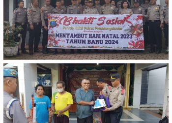 Keterangan Foto : Polres Pematang Siantar melalui Panitia Natal saat laksanakan bhakti sosial (Baksos), pembagian peralatan kebersihan dan sembako ke gereja GKPI jl. Simbolon dan gereja HKBP Sukadame jl. Sisingamangaraja.(Ist)