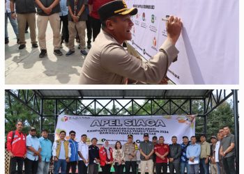 Keterangan Foto : Kapolres Pematang Siantar AKBP Yogen Heroes Baruno SH, SIK saat hadiri Apel Siaga Pengawasan Deklarasi Kampanye Damai Pemilu 2024.(Ist)