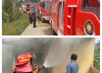 Keterangan Foto : Lima unit armada pemadam kebakaran milik Dinas Pemadam Kebakaran dan Penyelamatan (Disdamkarmat) Kota Pematang Siantar dikerahkan untuk memadamkan kebakaran di Jalan Lau Cimba.(Ist)