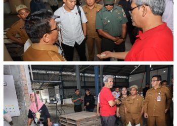 Asisten Perekonomian dan Pembangunan bersama Kepala KPw BI, Kanit Perekonomian Polres Siantar, Kadis Perdagangan dan Koperasi di dampingi oleh humas Kilang Padi Hariara B. Sianipar, saat melakukan pemeriksaan stok kebutuhan pokok di Kilang Padi Hariara.(Ist)