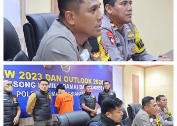 Keterangan Foto : Kapolres Pematang Siantar AKBP Yogen Heroes Baruno SH, SIK, Wakapolres Kompol Pardamean Hutahaean SH, SIK, MH dan Kasat Reskrim AKP Made Wira Suhendra SIK, MH saat temu pers terkait kakak beradik ditangkap atas kasus pembunuhan. (Ist)