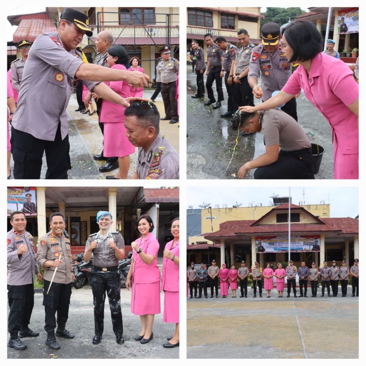Keterangan Foto : Kapolres Pematang Siantar AKBP Yogen Heroes Baruno SH, SIK, saat Upacara Kenaikan Pangkat dengan penyiraman air bunga.(Ist)