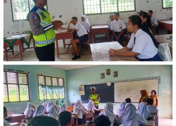 Keterangan Foto : Sat Lantas Polres Simalungun saat menggelar kegiatan "POLICE GOES TO SCHOOL" di SMP Negeri 1 Tapian Dolok.(Ist)