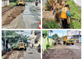 Pemkab Simalungun melalui Dinas PUTR berkerjasama dengan Kecamatan Bandar melakukan kegiatan perawatan dan penataan drainase di Perdagangan. ( Nawasenanews/ Ist)