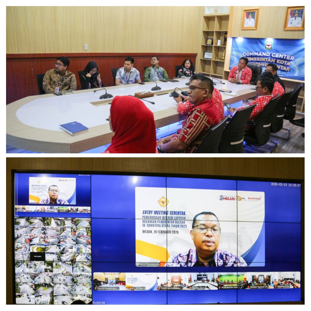 Sekda Junaedi Antonius Sitanggang SSTP MSi dan sejumlah pimpinan OPD, serta mewakili BPK RI Perwakilan Sumut, saat mengikuti entry meeting virtual serentak se- Sumut dari Command Center Balai Kota Pematangsiantar.( Nawasenanews/ Ist)